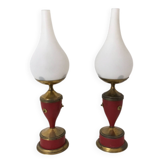 Pair of Red Varnished Metal, Brass and Glass Table Lamps, Italy