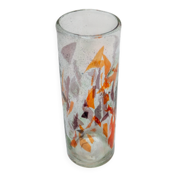 Vintage Tall Italian Vase in Clear Murano Glass with "Mosaic" Flakes Decoration