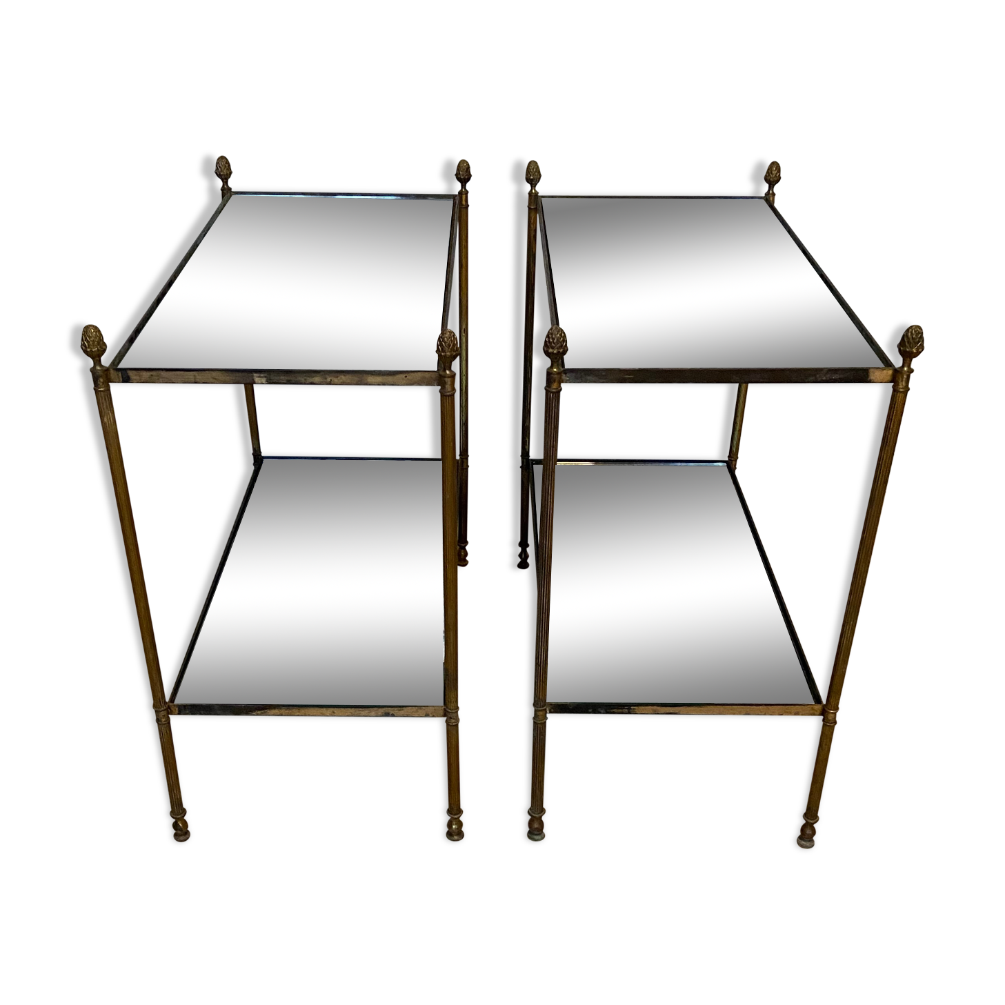 Pair of neo classic brass side tables and oxidized mirror