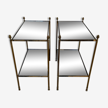 Pair of neo classic brass side tables and oxidized mirror