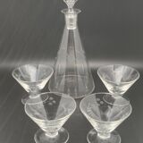 Glassware and bottle set in chiseled glass with flower motif