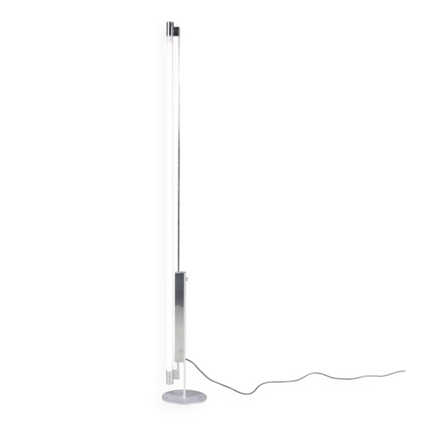 Lampe de sol Trapez en chrome des années 1990 avec tube blanc par Erwin Egli pour Ribag Suisse
