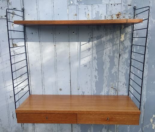 Vintage modular shelf and drawers in teak veneer and black metal, Nisse Strinning, 60s