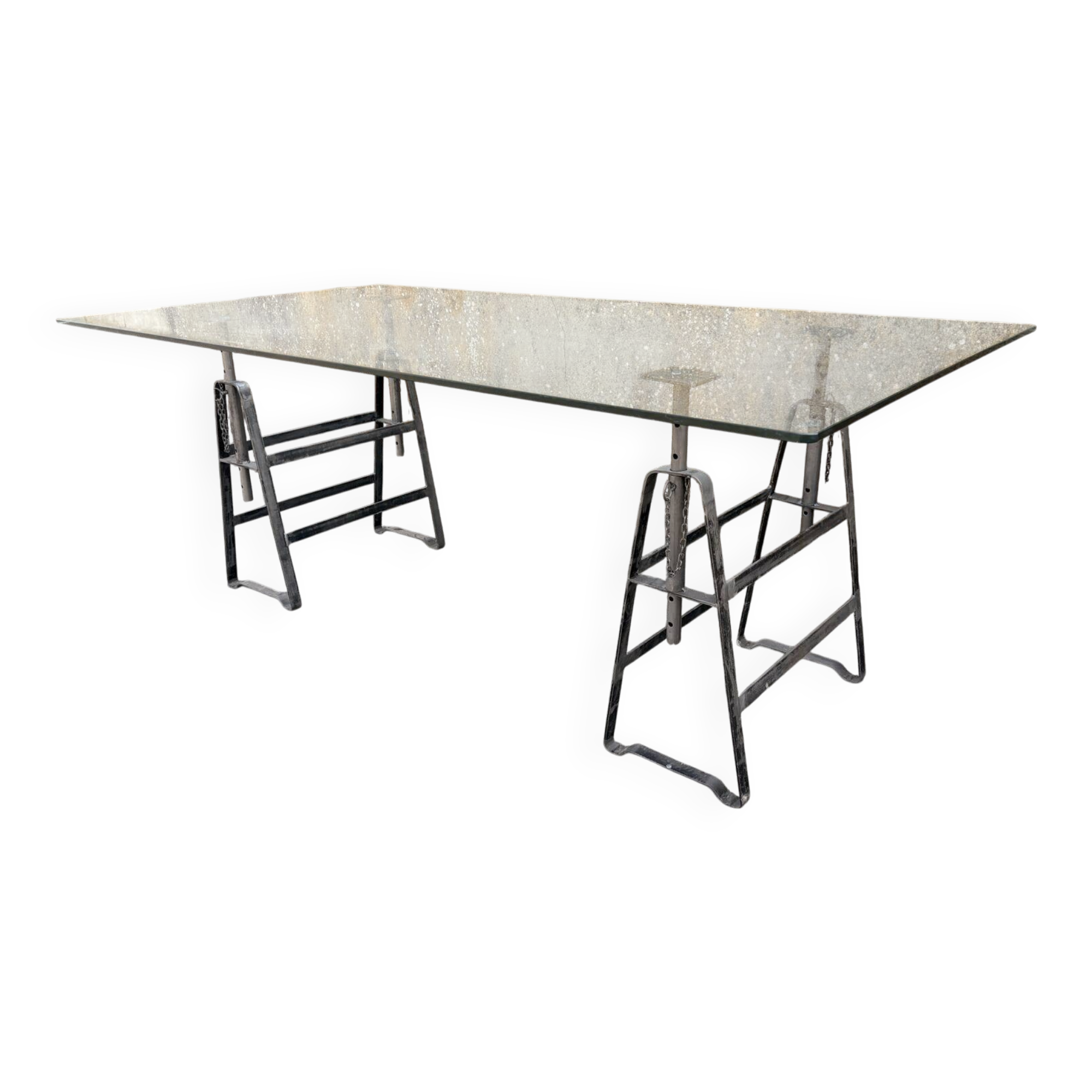 Grande table industrielle vintage en verre avec tréteaux métalliques réglab