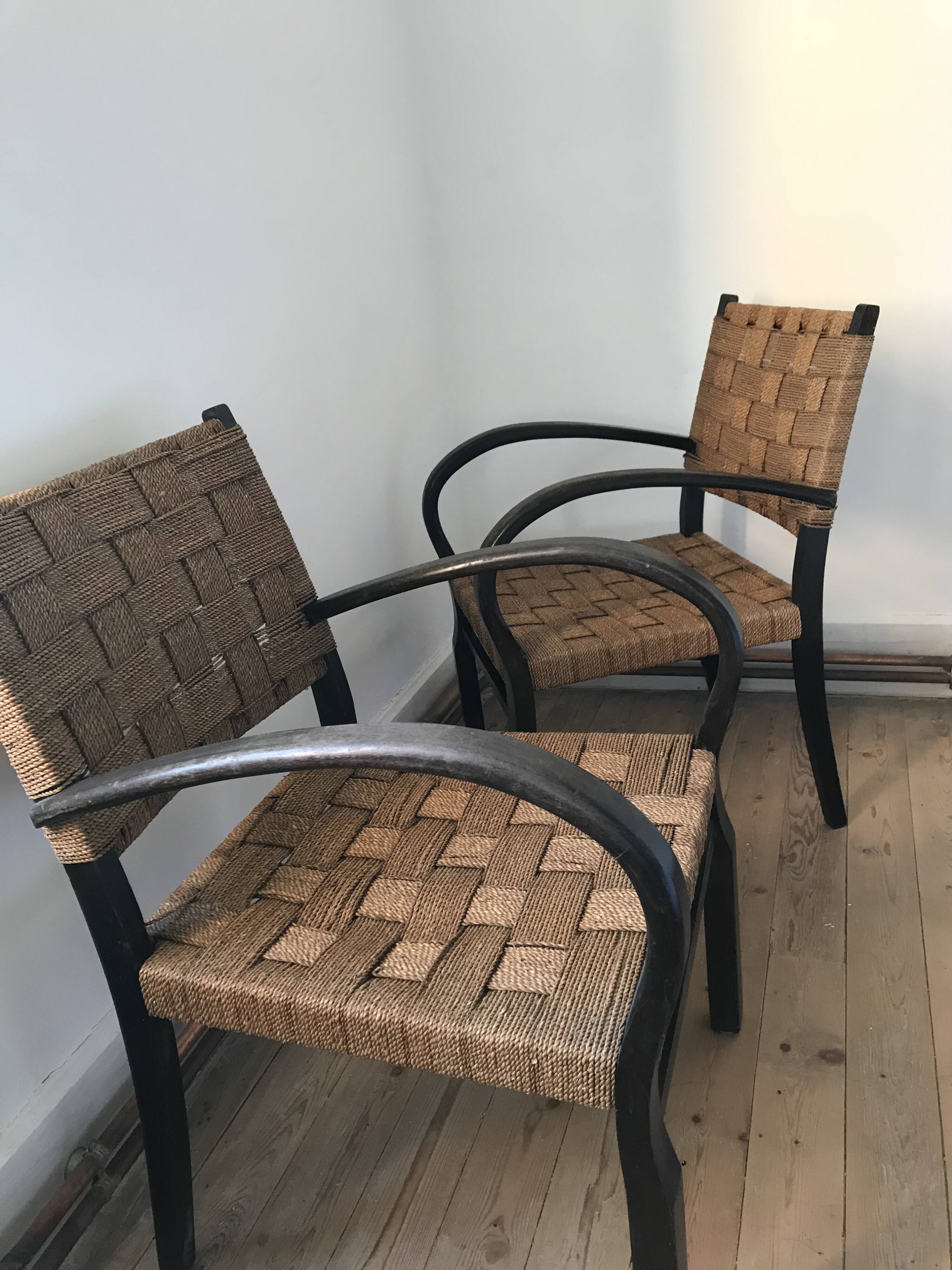 Pair of vintage rope armchairs, wooden frame, Sweden, 1960, Axel Larsson