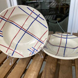 3 assiettes creuses anciennes Badonvillier, traits entrecroisés rouges et bleus