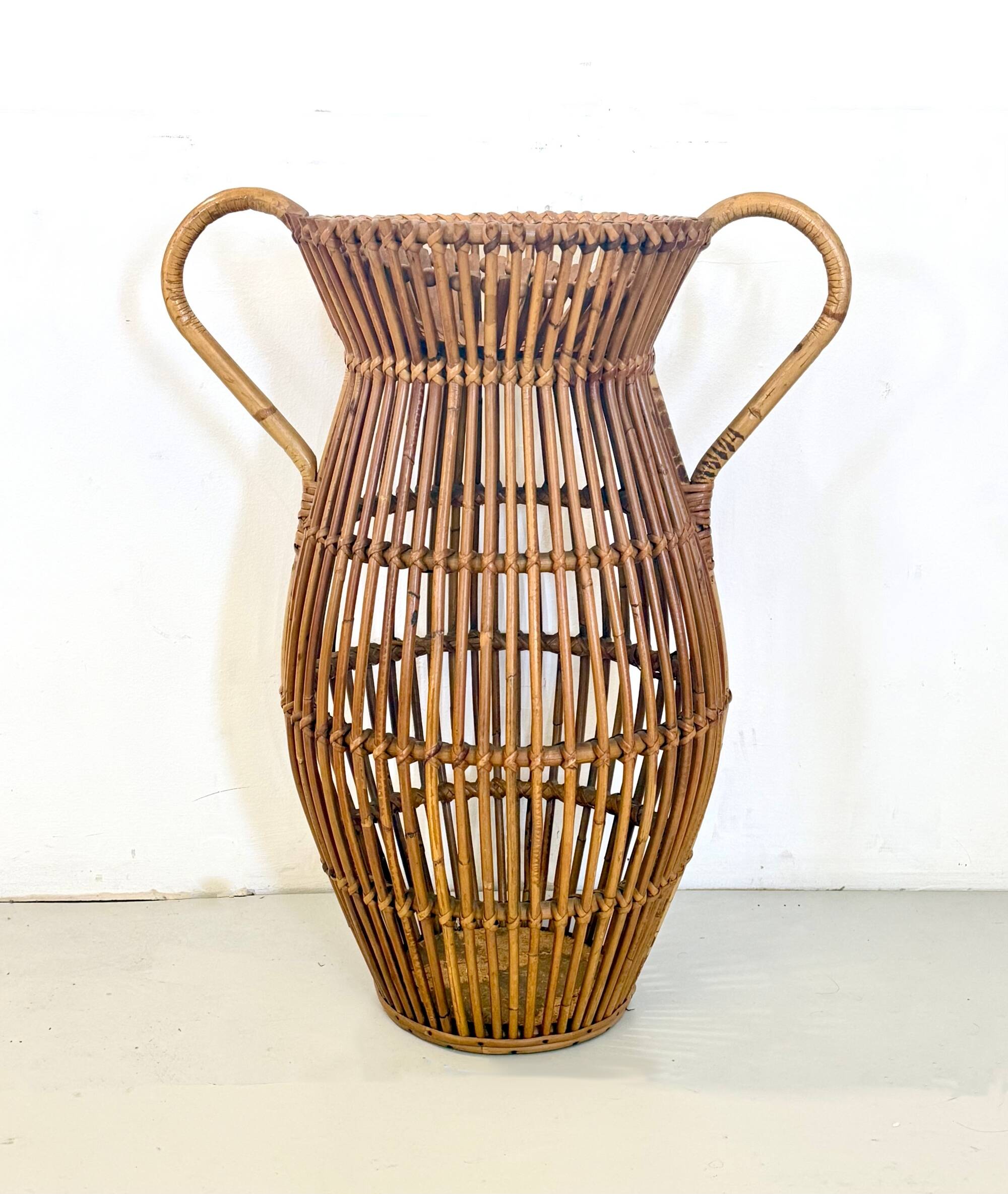 Vintage Wicker and Bamboo Amphora Umbrella Stand , Italy