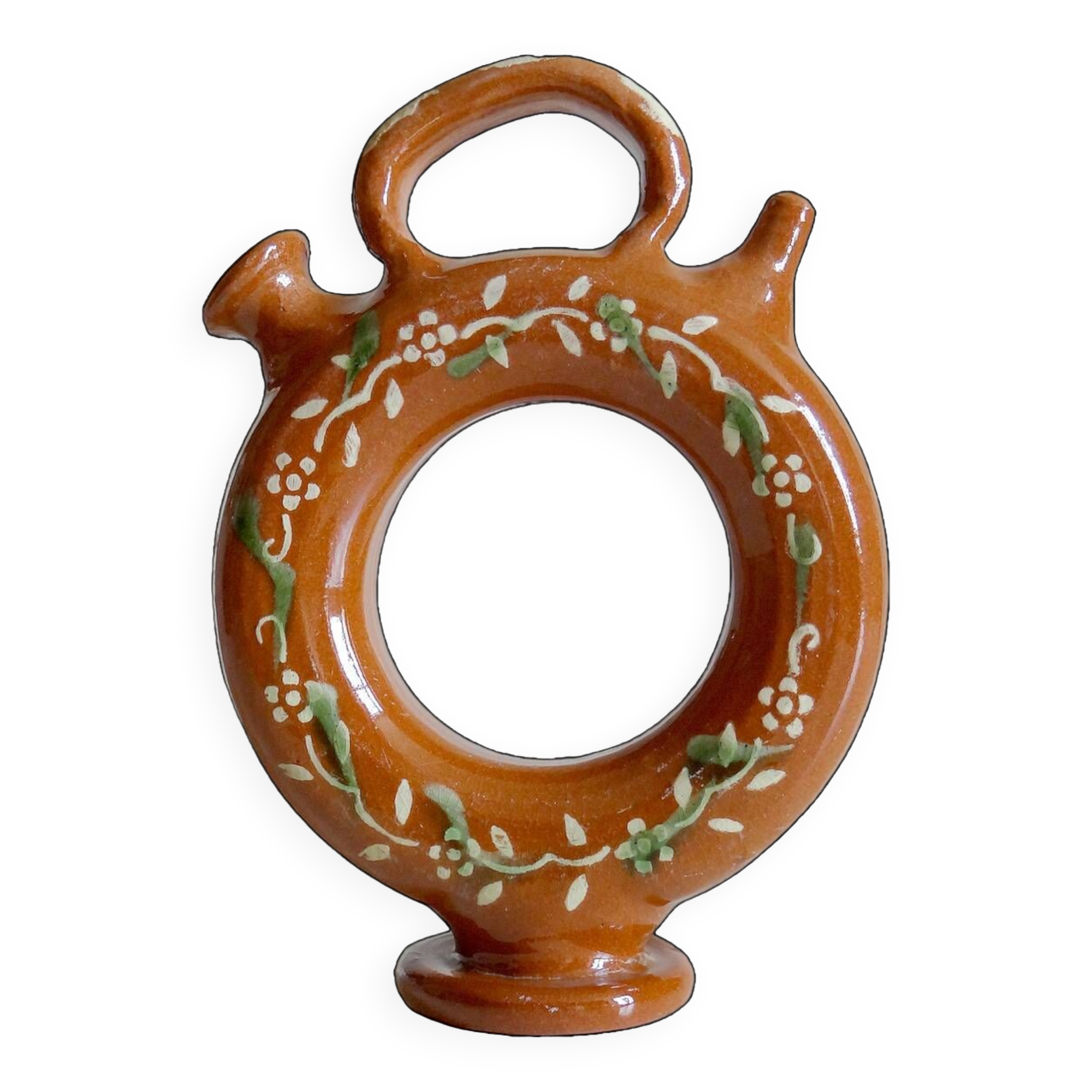 Circular glazed terracotta gargoulette