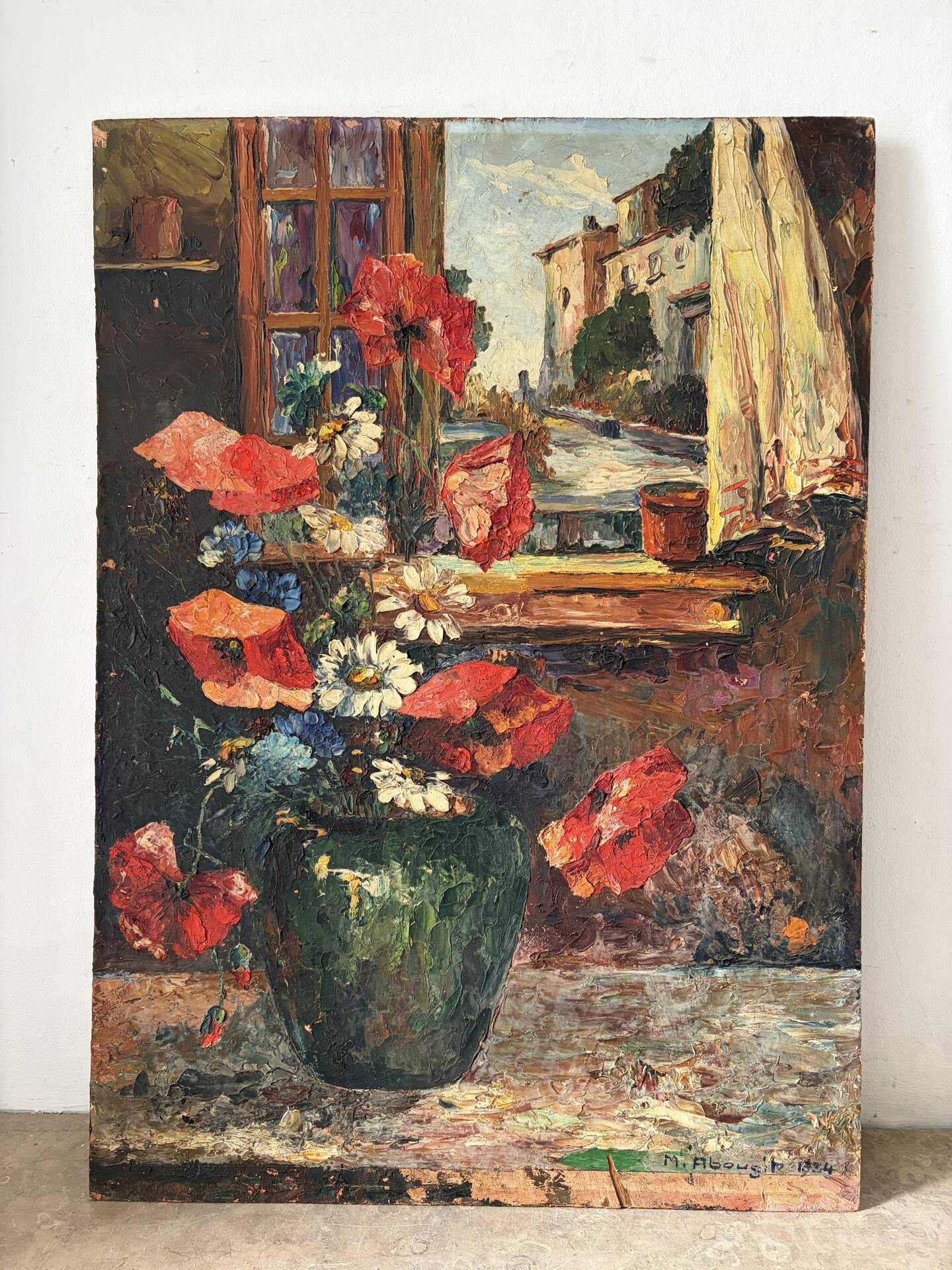 Wildflower bouquet, window with a view, oil on panel 1934