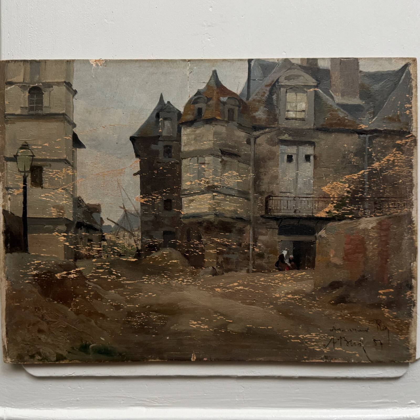 Oil on panel street scene by Roy 1856