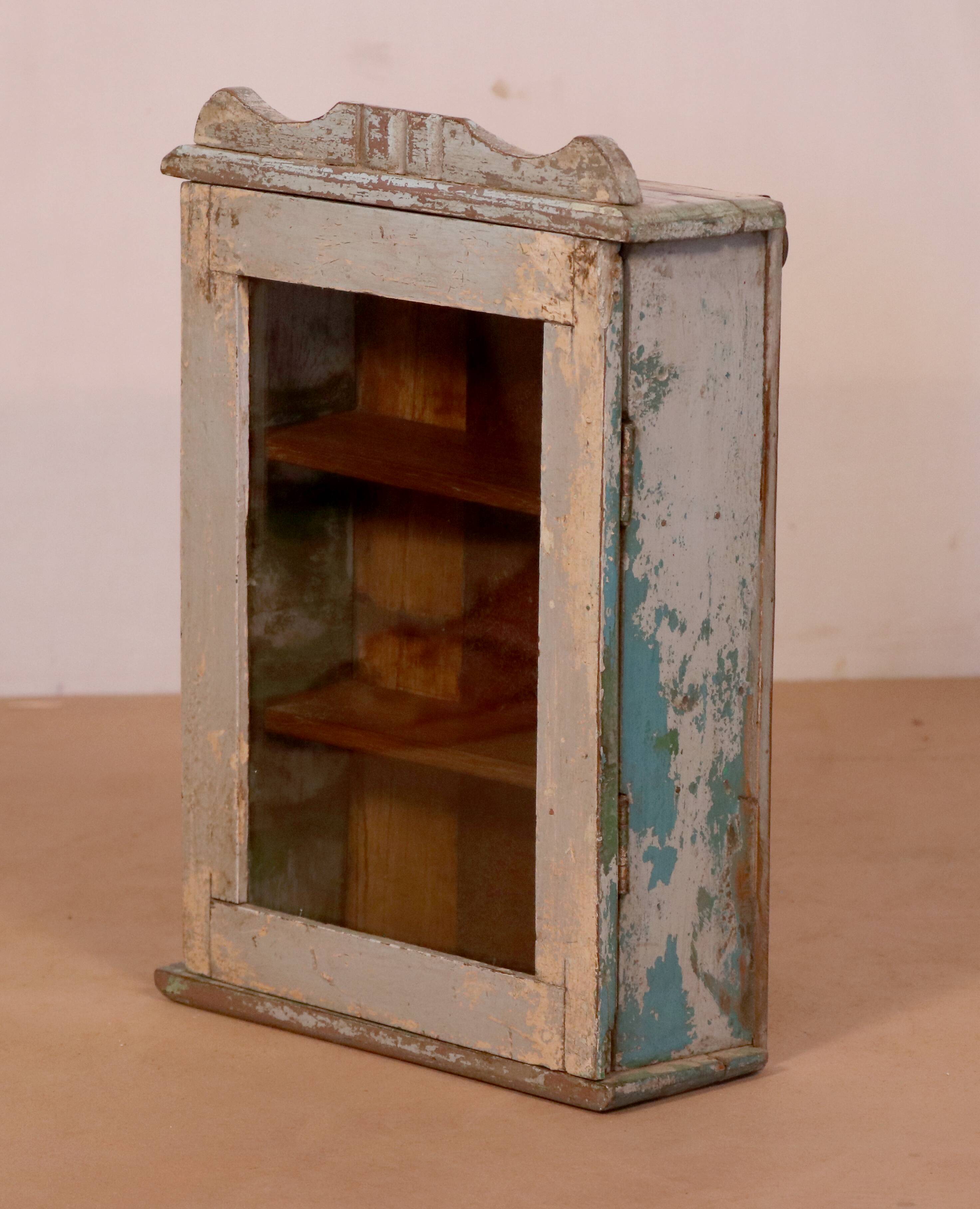 Old art deco wall display case in original grey-blue patina burmese teak