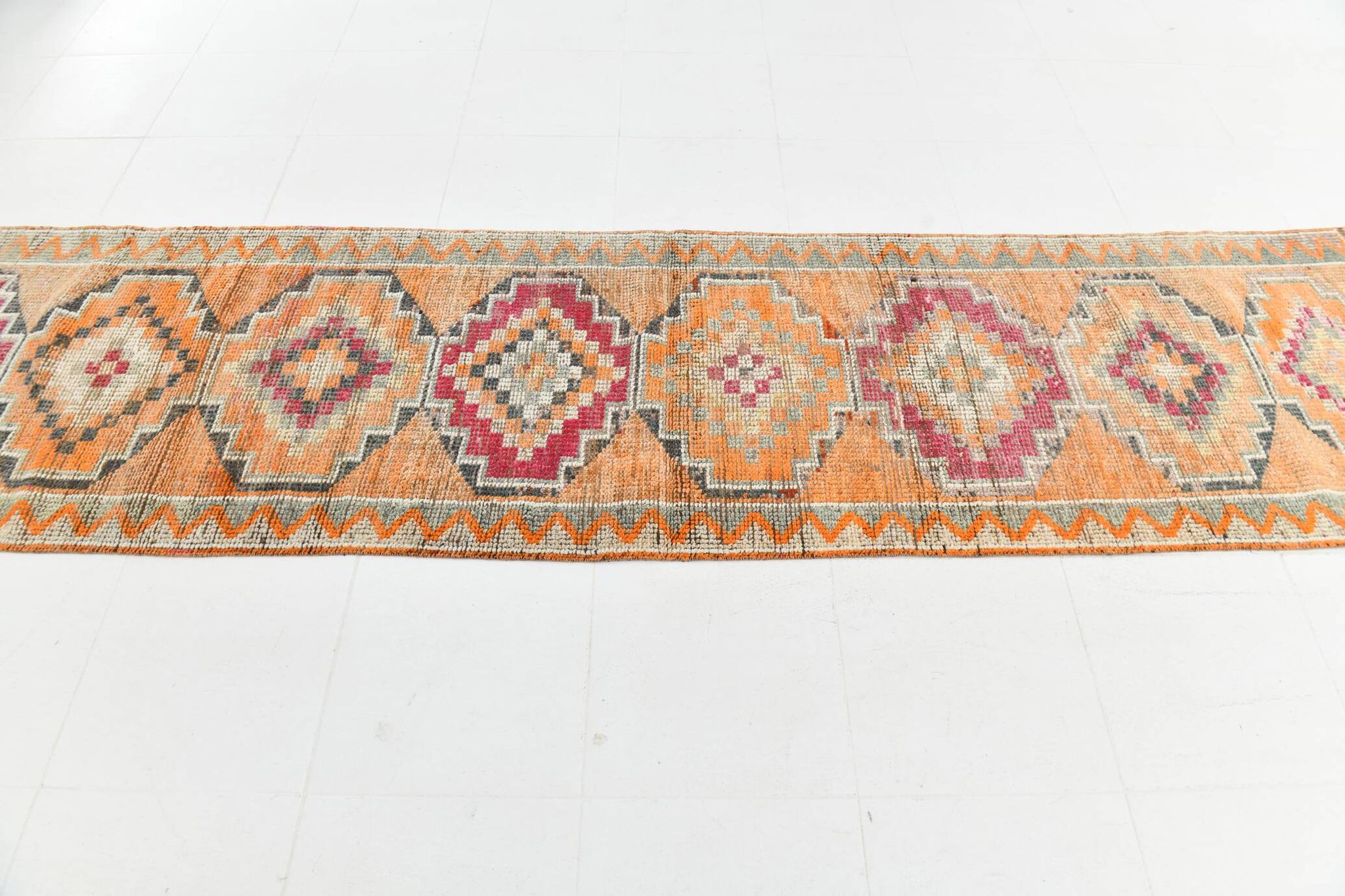 3x12 Vintage Red Orange Turkish Runner Rug, Handmade Wool Carpet, 86x352Cm