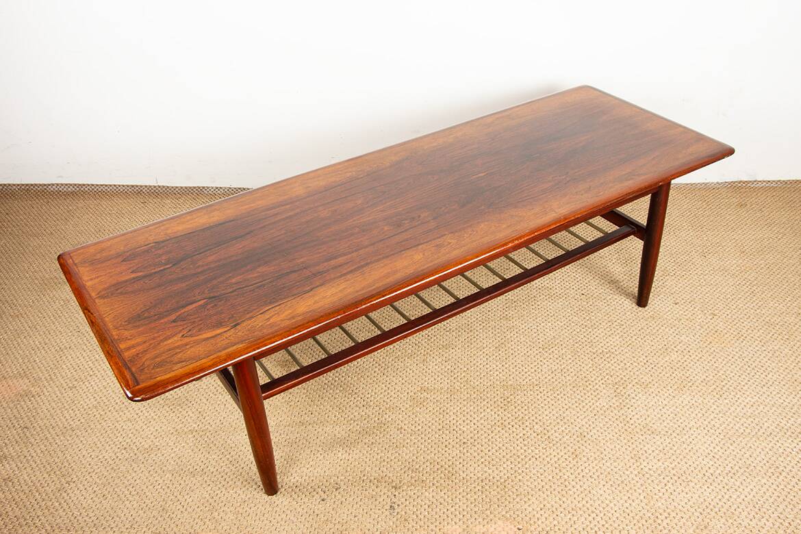 Rosewood and metal tube coffee table, two levels, Denmark 1960.