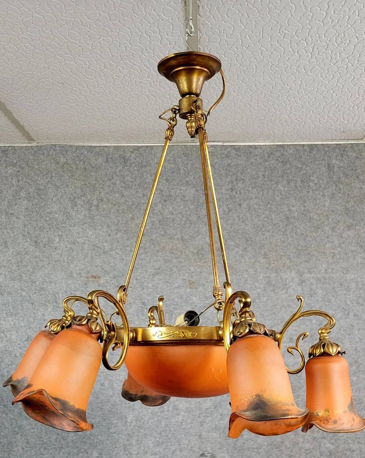 After Muller: Art Nouveau style chandelier in brass, bronze and glass paste