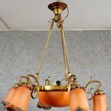 After Muller: Art Nouveau style chandelier in brass, bronze and glass paste