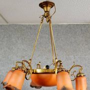 After Muller: Art Nouveau style chandelier in brass, bronze and glass paste