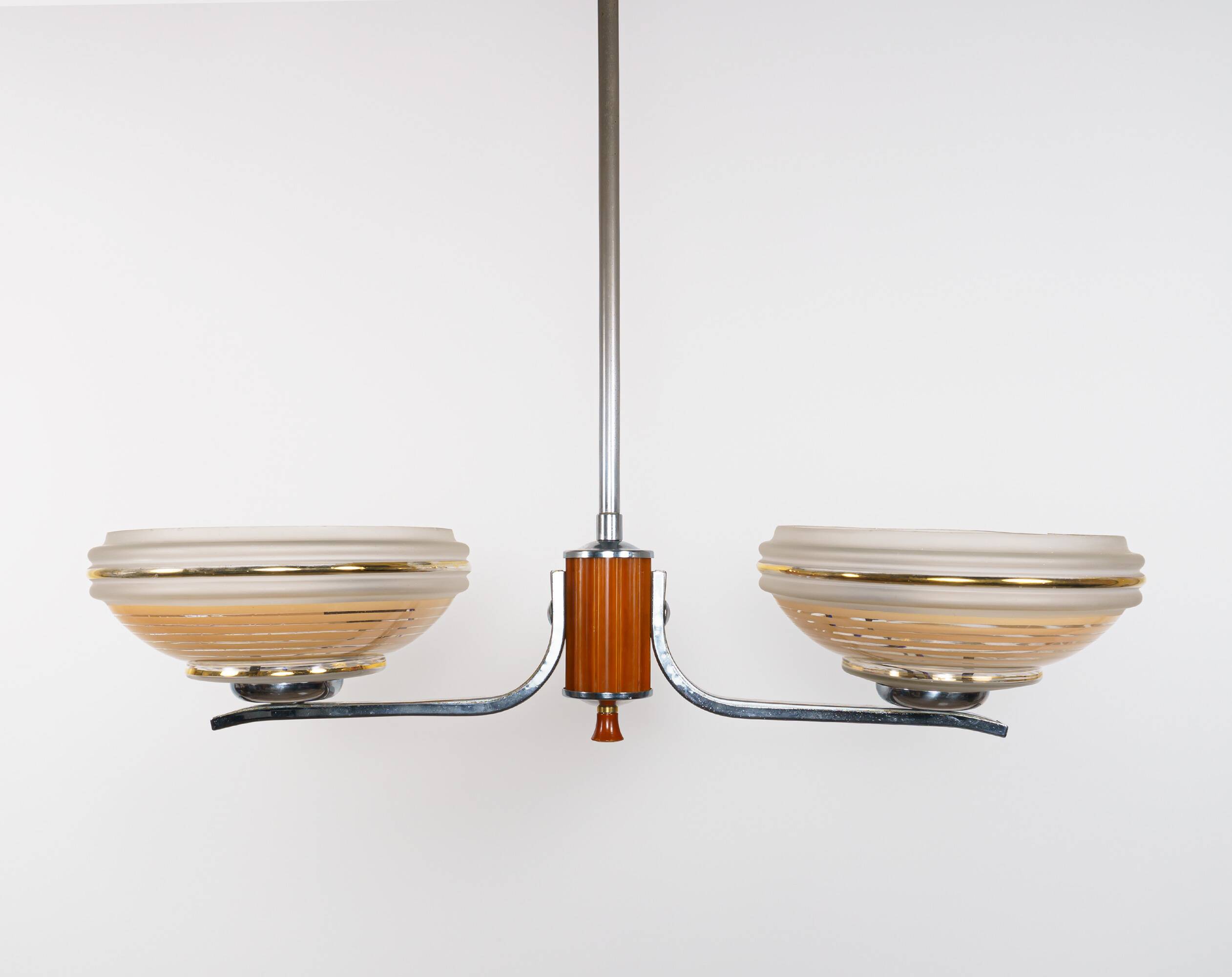 1930s English Art Deco 2-Arm Chrome & Butterscotch Bakelite Chandelier Lamp