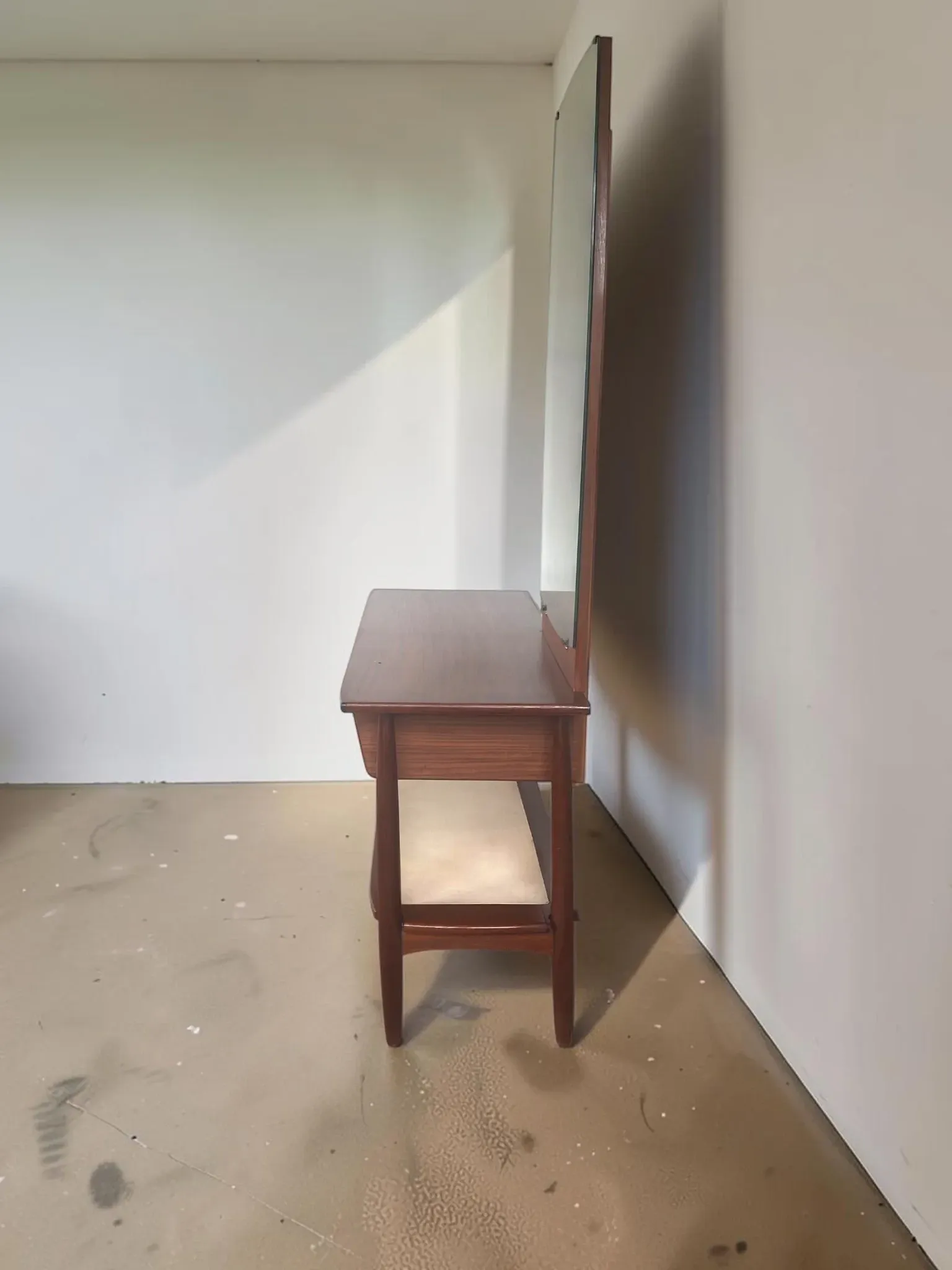 Vintage teak dressing table with mirror and drawers.