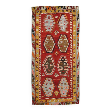 5x10 Light Color Yellow & Red Orientel Kilim Rug, 149x308Cm Vintage Kilim