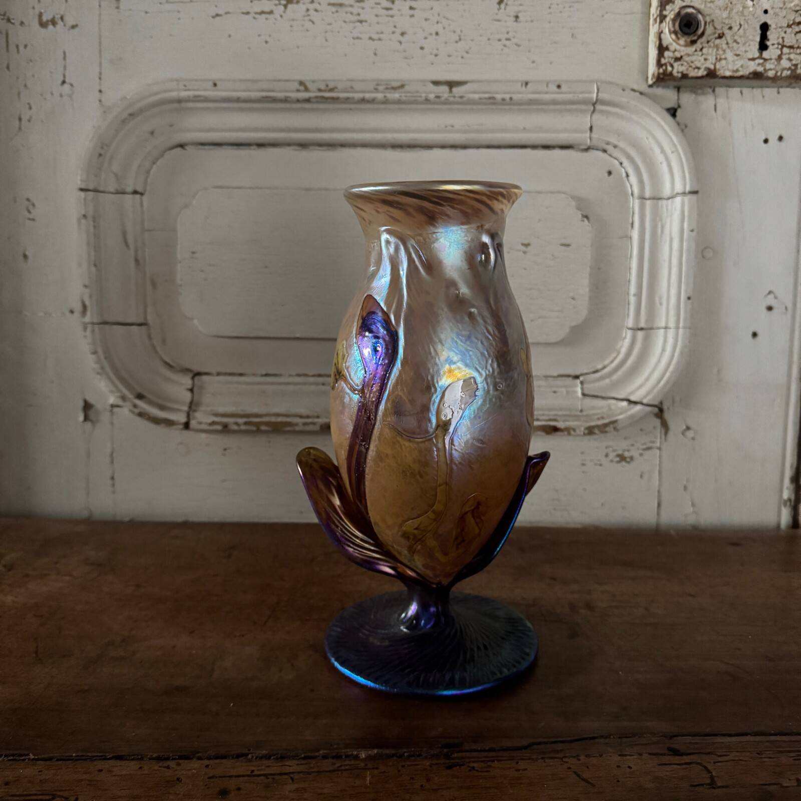 Iridescent glass paste vase signed JP Mateus 1995