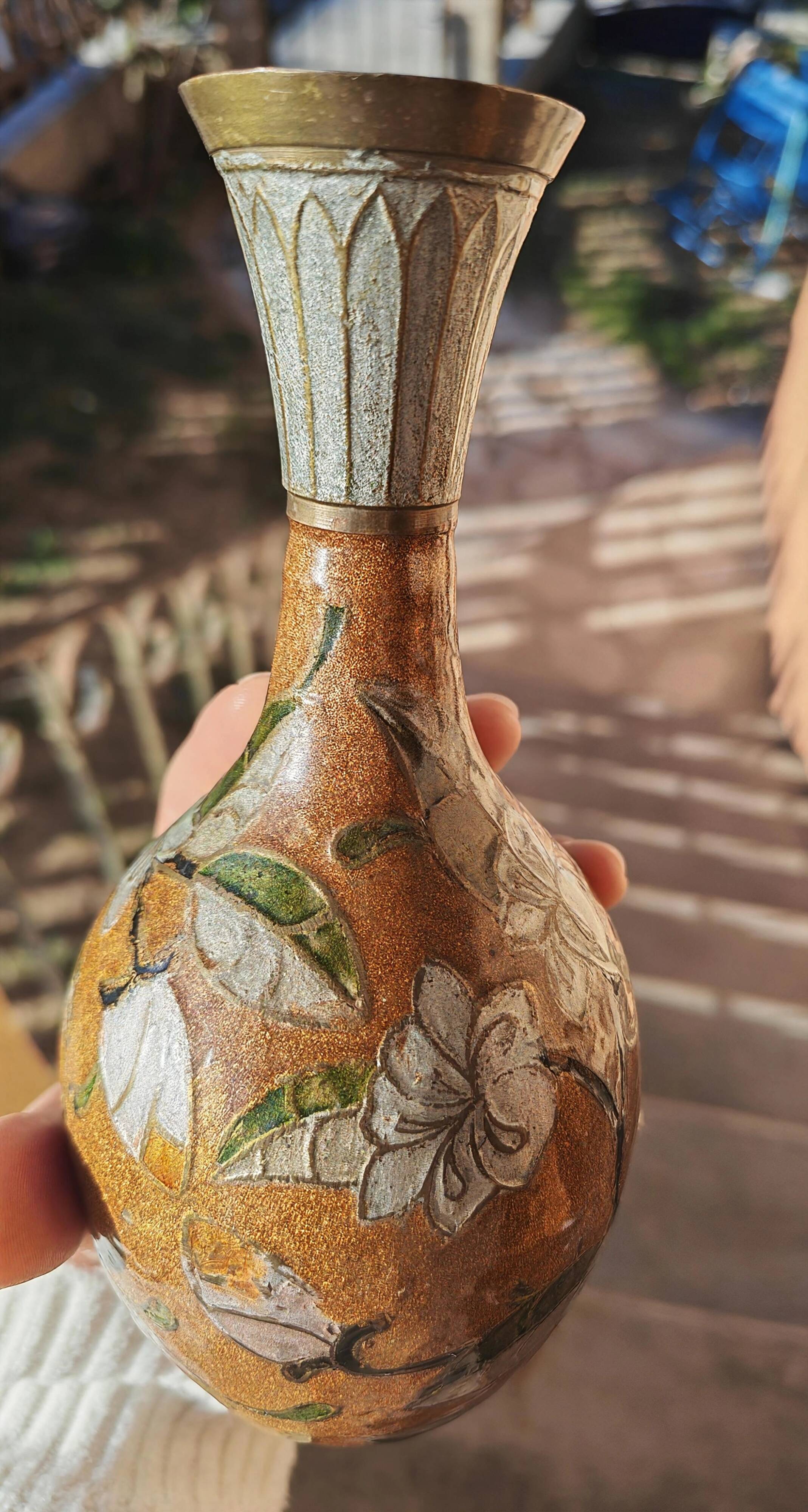 Antique oriental metal vase – floral decoration – vintage