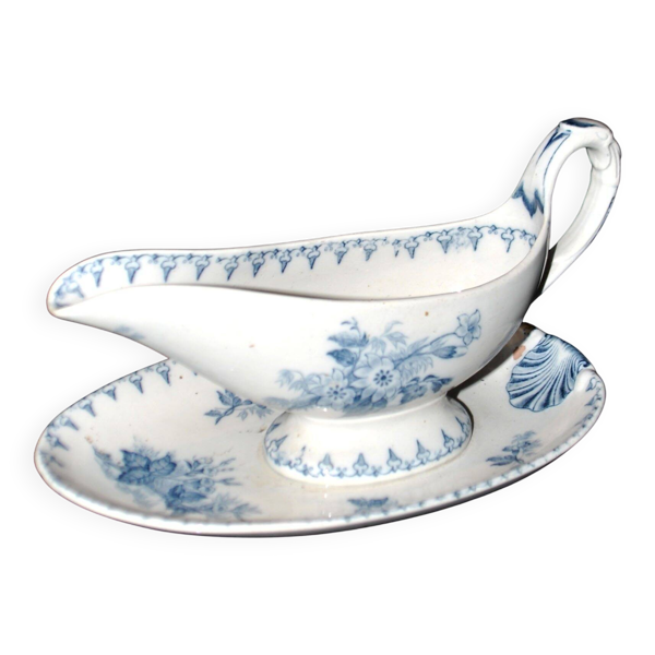 Sarreguemines Utschneider saucière Flore en faïence à fleurs bleu