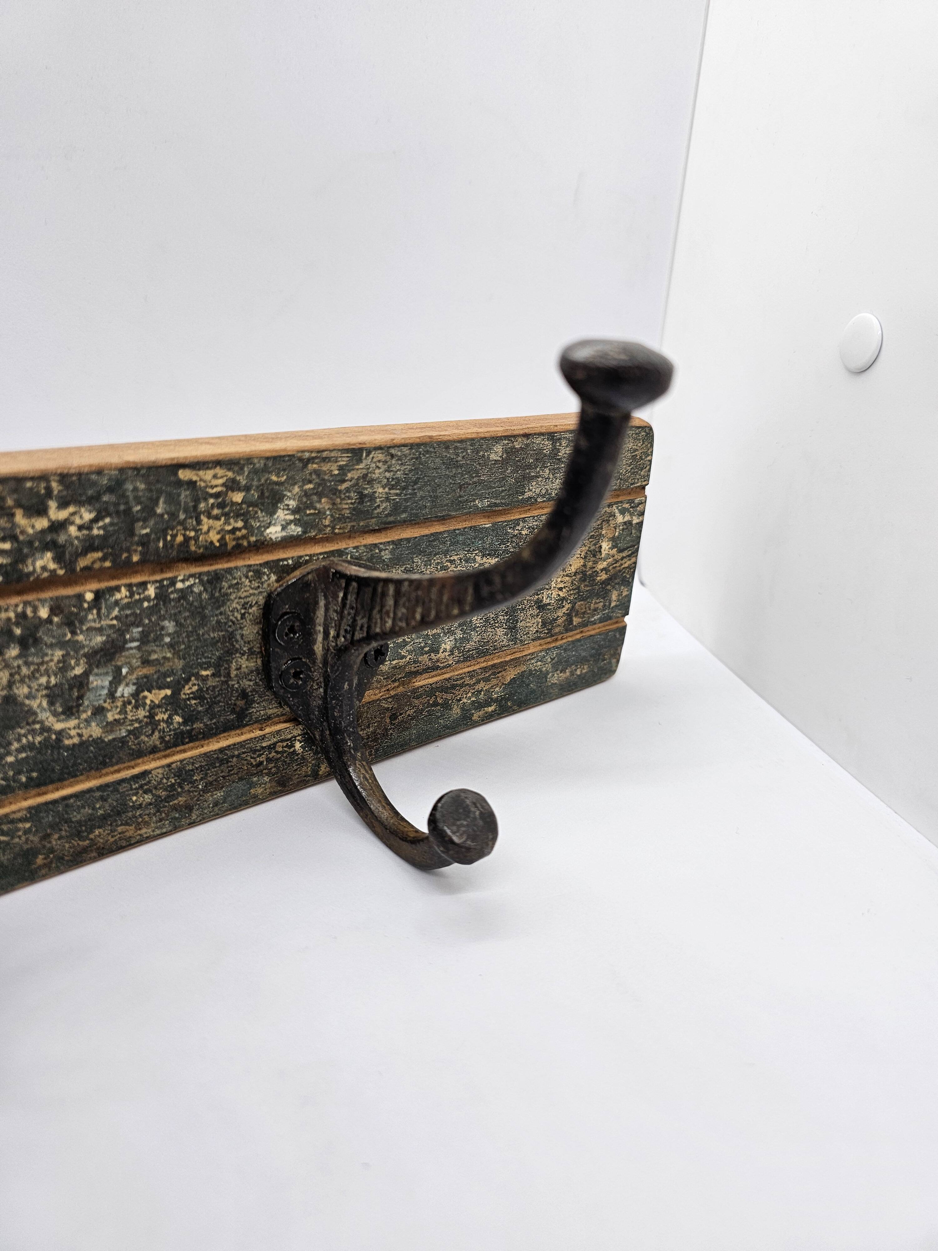 Solid teak coat hook with 2 double cast iron hooks