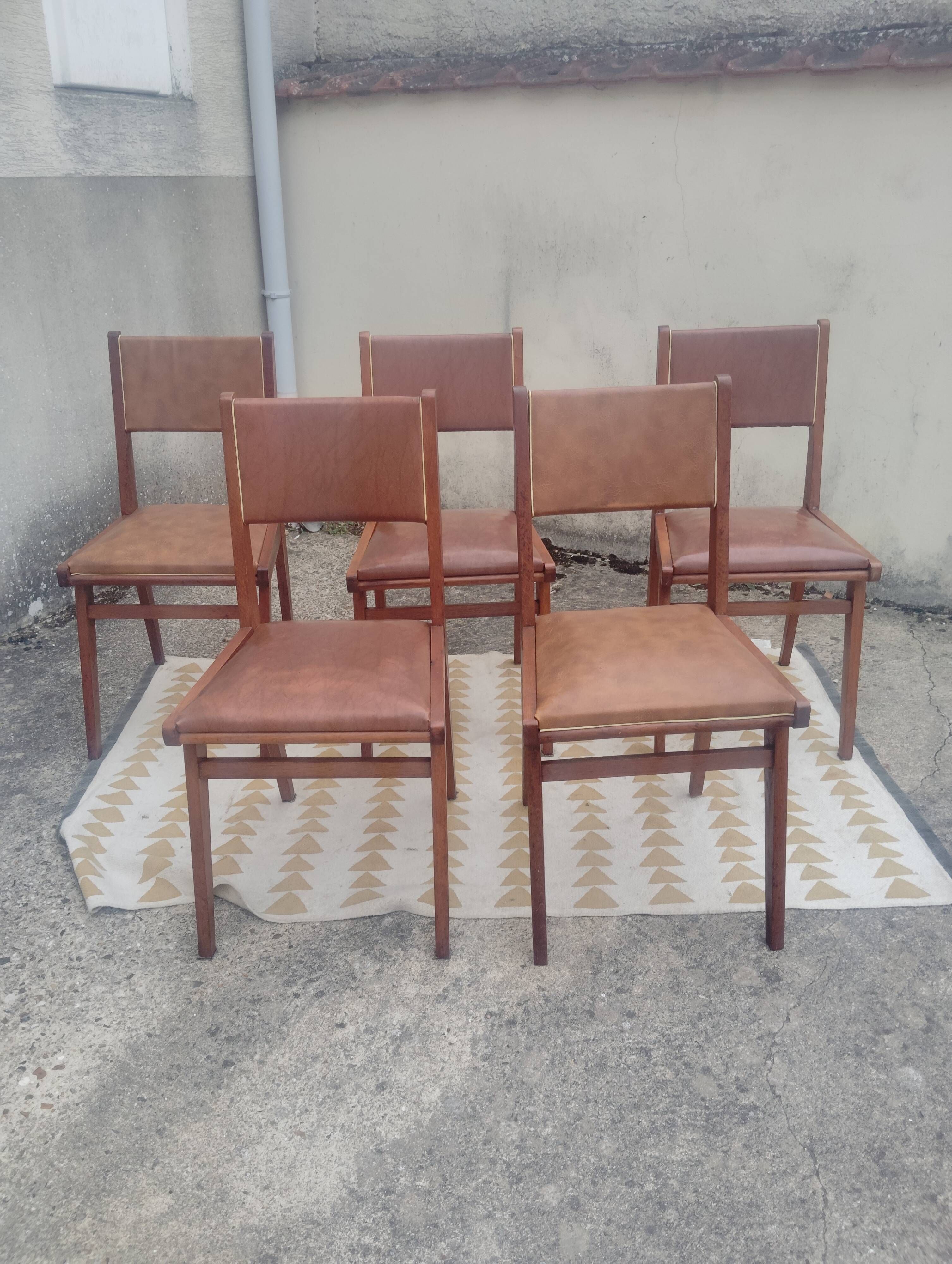 Set 7 chaises et 2 fauteuils bridge vintage chêne+simili