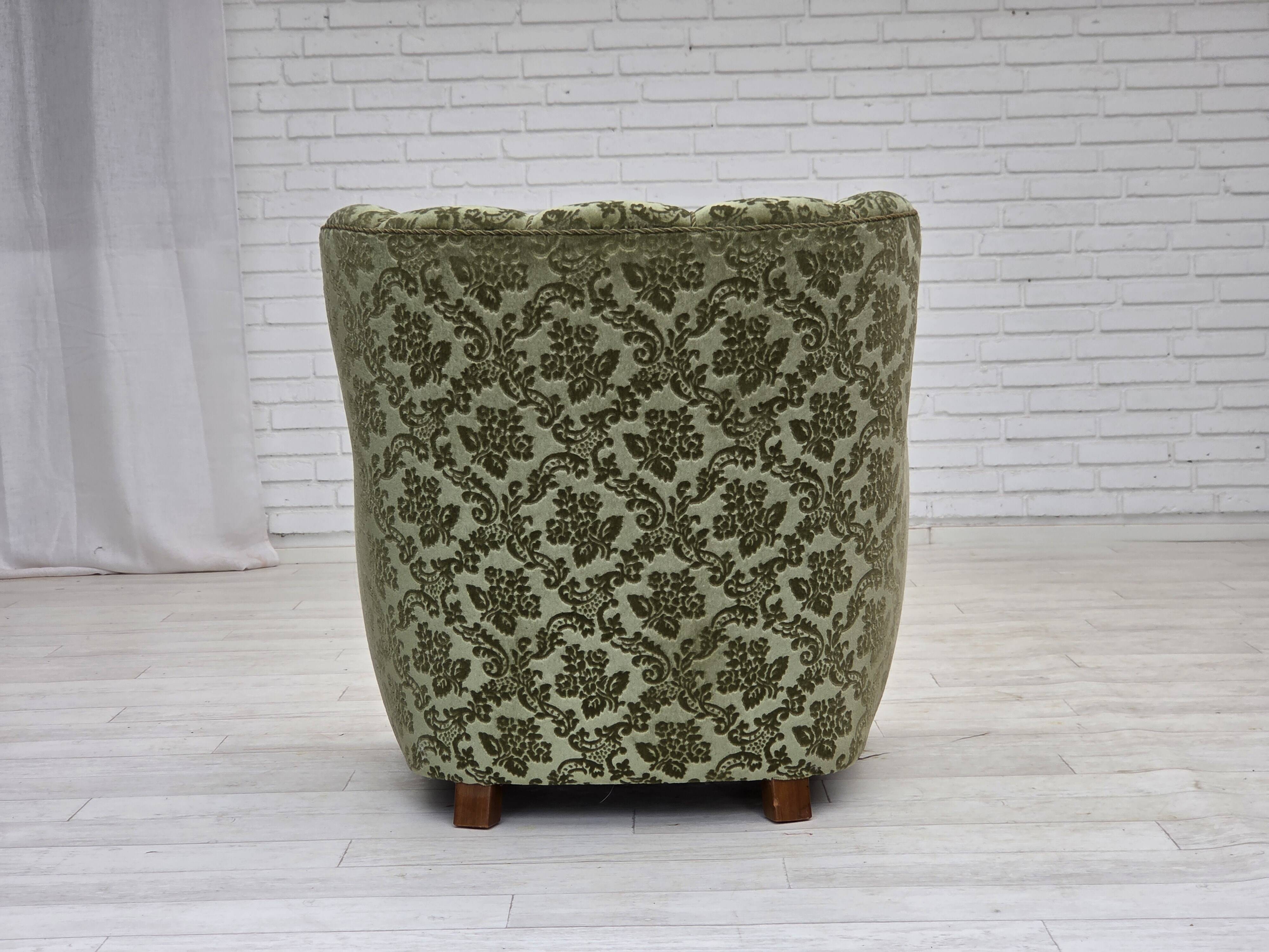 1960s, Danish armchair, green furniture velour, solid oak wood.