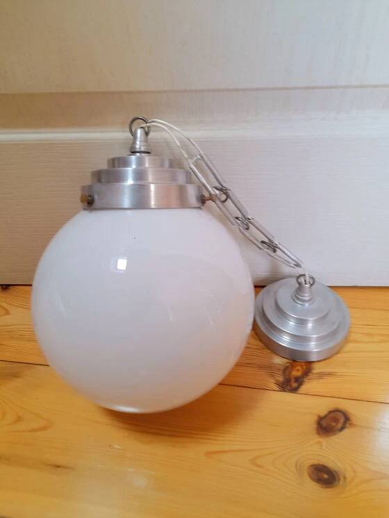 Art Deco white opaline glass globe pendant light