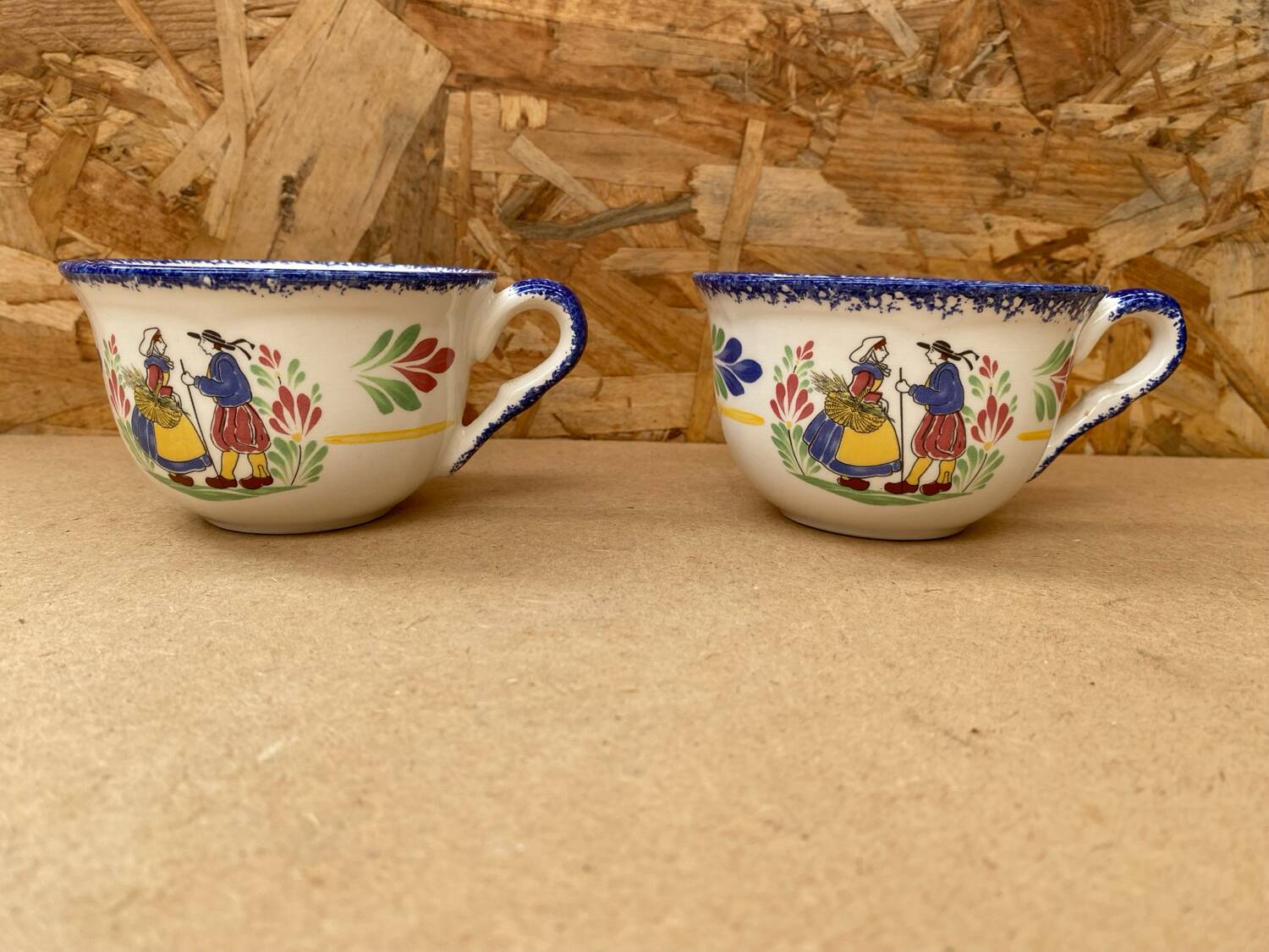 Paire ancienne tasse pornic céramique blanc bleu france vintage #b286