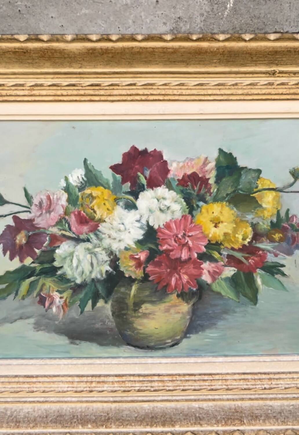 Large vintage painting of a bouquet of flowers signed EA Foix