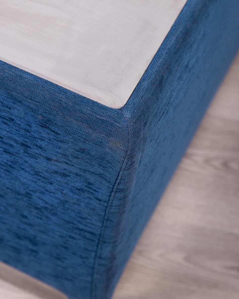 Vintage coffee table from the 70s, blue fabric, tasty designs