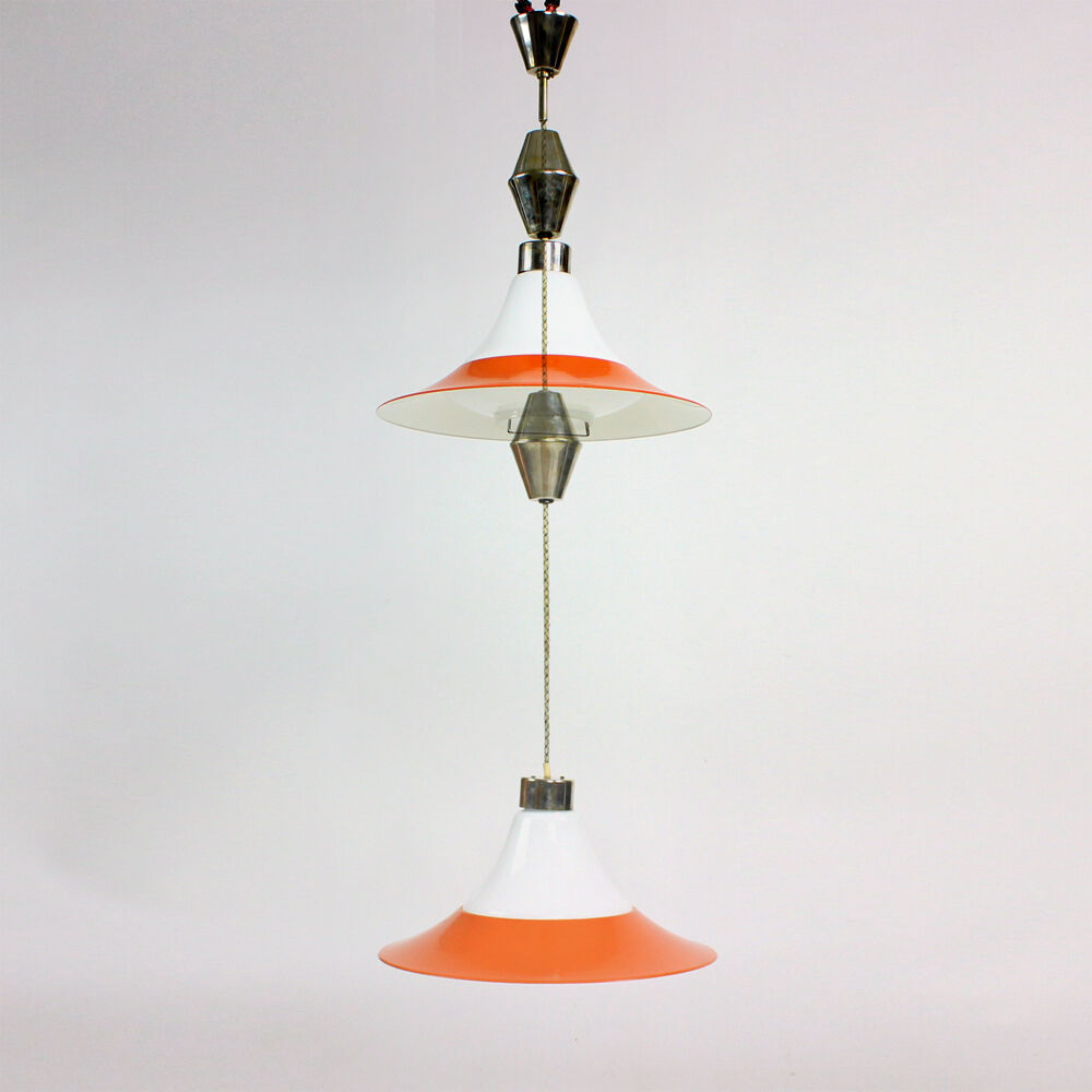 Midcentury ceiling pull down light in white opaine & brass, Czechoslovakia 1960s