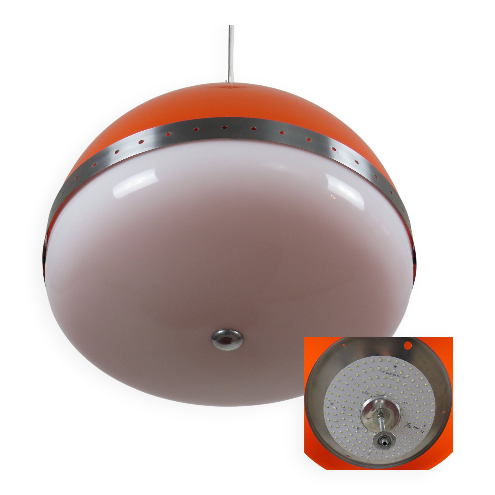 Large Italian pendant light (diameter 50 cm) orange and white Space Age 1960s