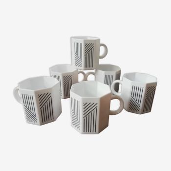 6 white octagonal coffee cups with vintage patterns