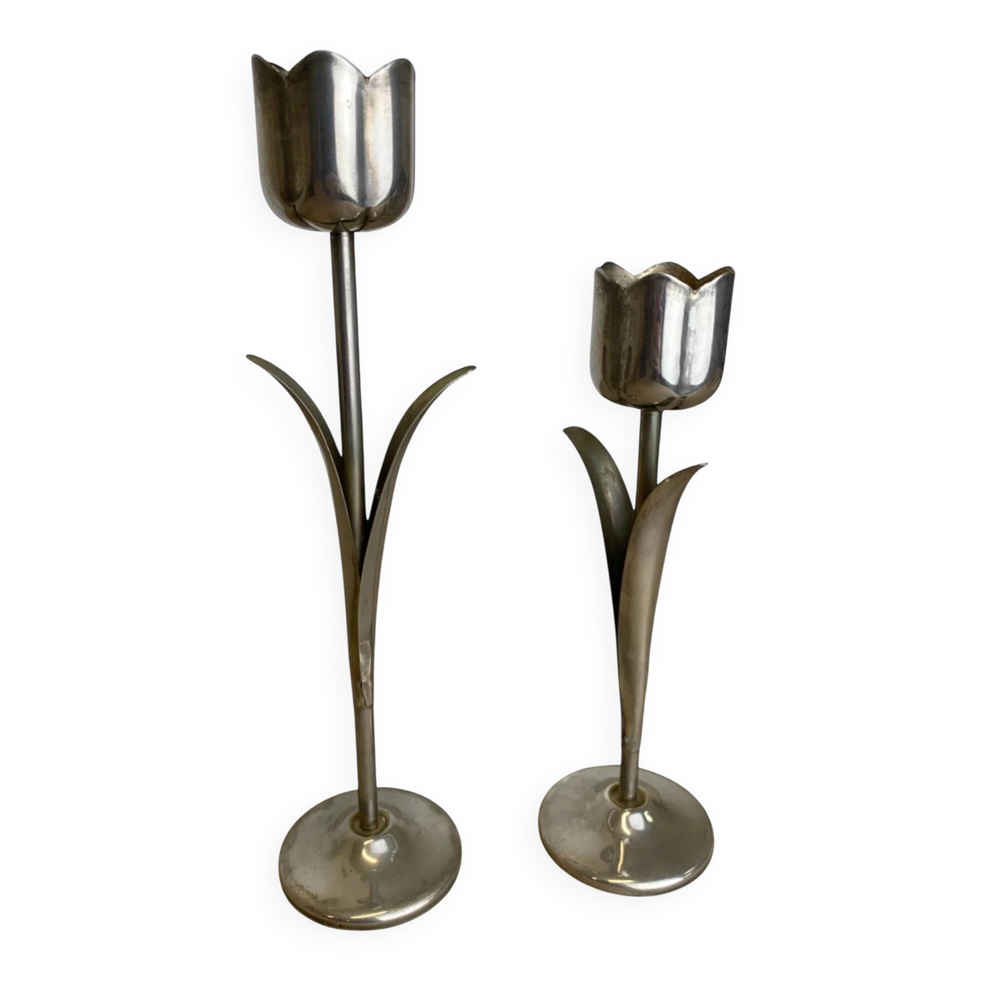 Pair of chromed tulip candle holders, 1970s, Italy