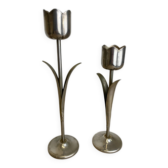 Pair of chromed tulip candle holders, 1970s, Italy