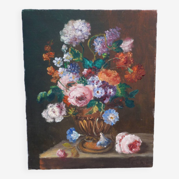 Old still life painting bouquet of flowers signed Serni