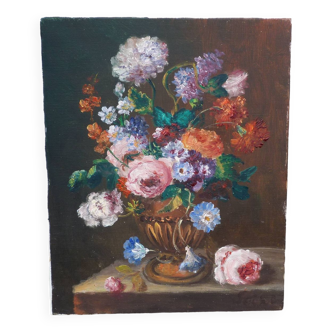 Tableau ancien nature morte bouquet de Fleurs signé Serni