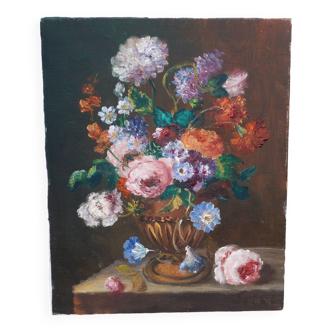 Old still life painting bouquet of flowers signed Serni