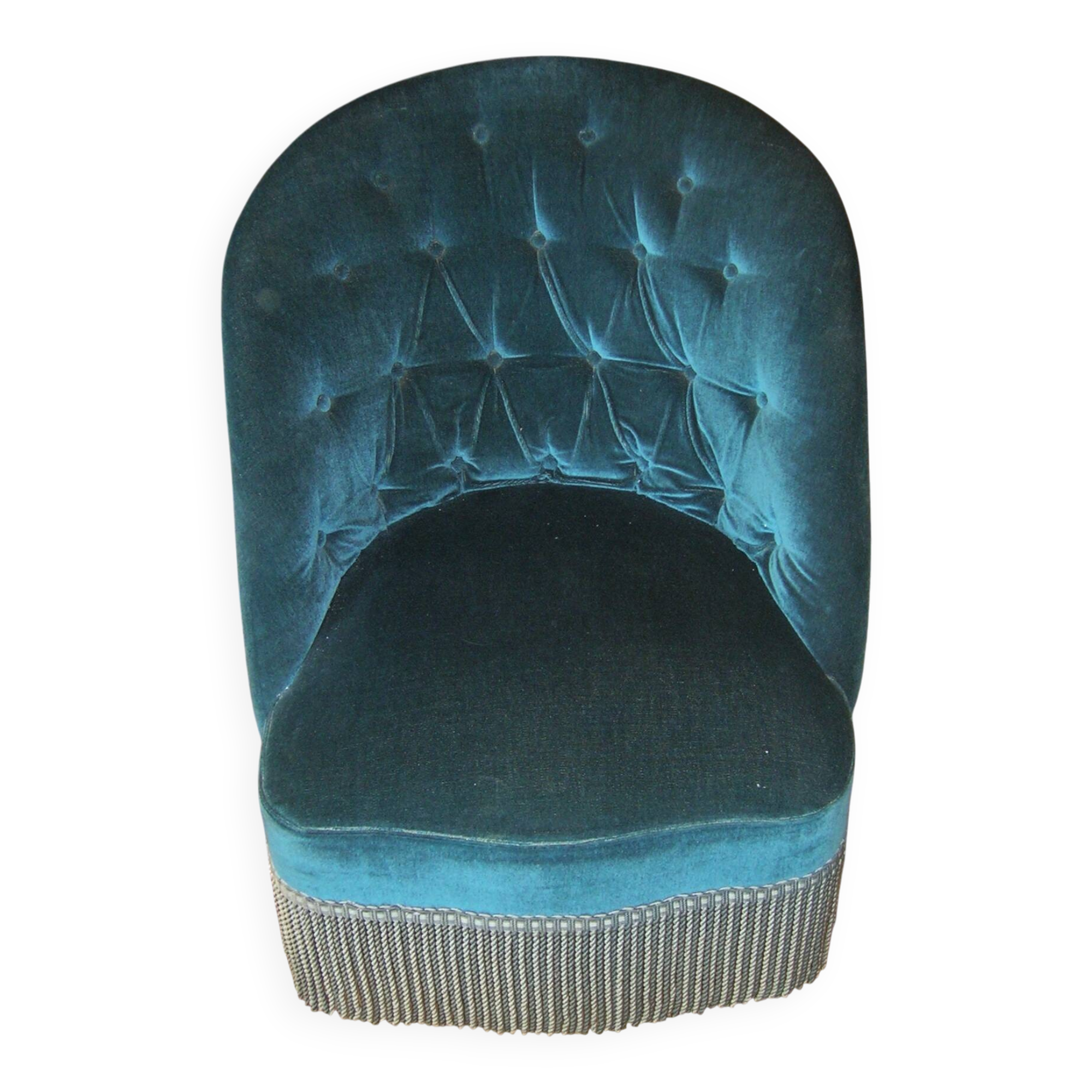 Fauteuil Crapaud en velours capitonné bleu acier