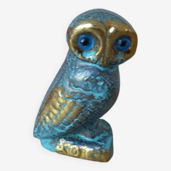 Miniature Greek Owl in Blue and Gold Brass, Miniature Owl of Wisdom