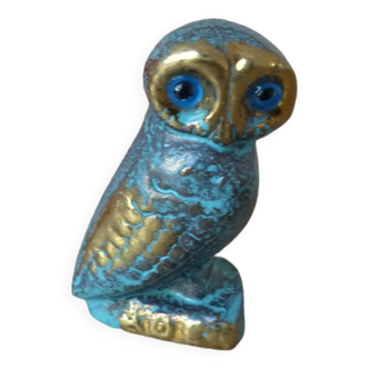 Miniature Greek Owl in Blue and Gold Brass, Miniature Owl of Wisdom