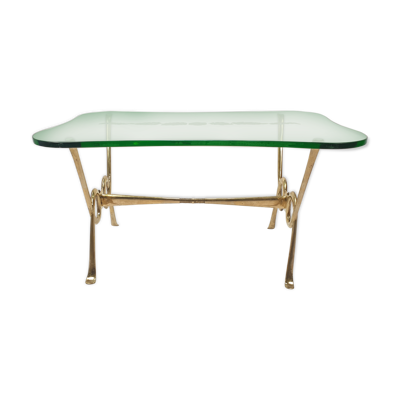 Table basse italienne avec verre gravé et base en laiton, années 1960