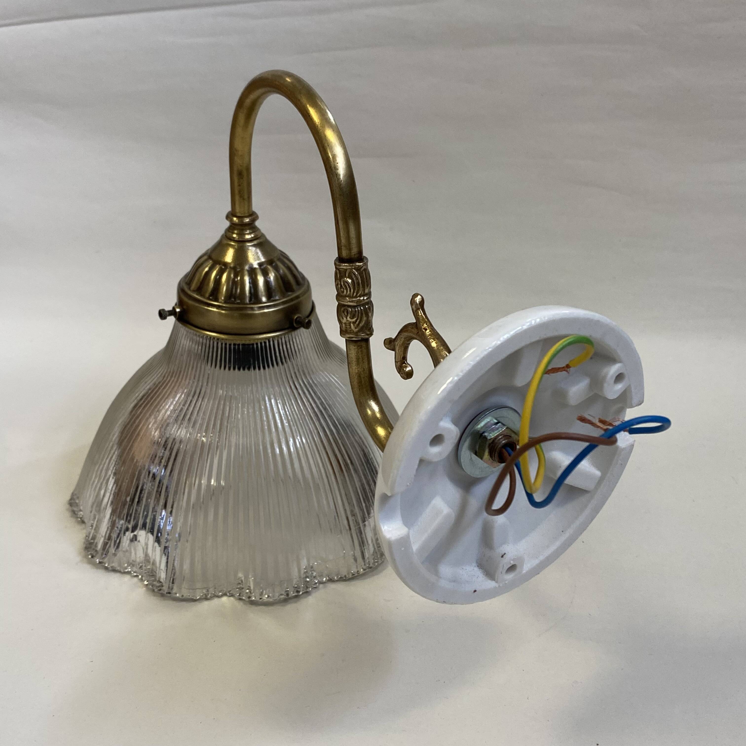 Swan neck wall light, brass, glass, holophane type, porcelain fixing
