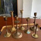 Set 7 mismatched brass and bronze candlesticks