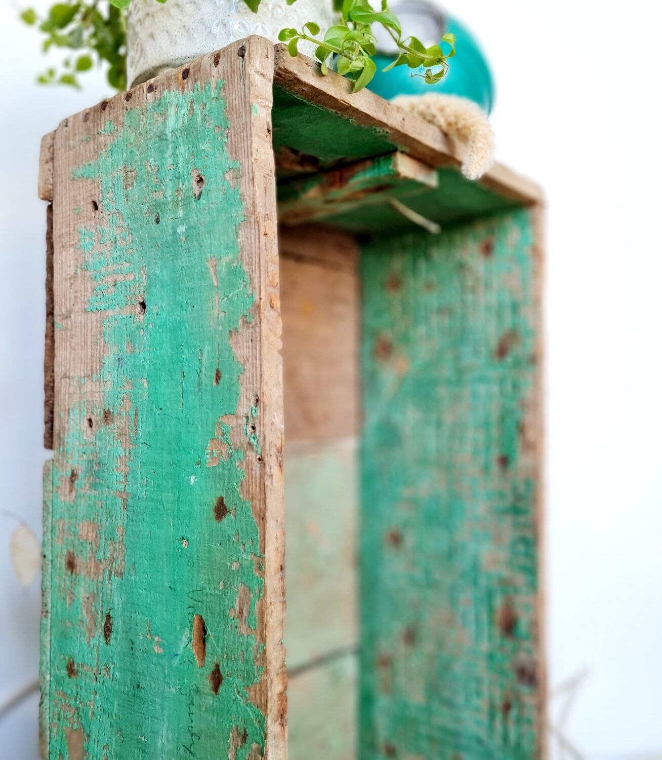 Patinated green wooden box