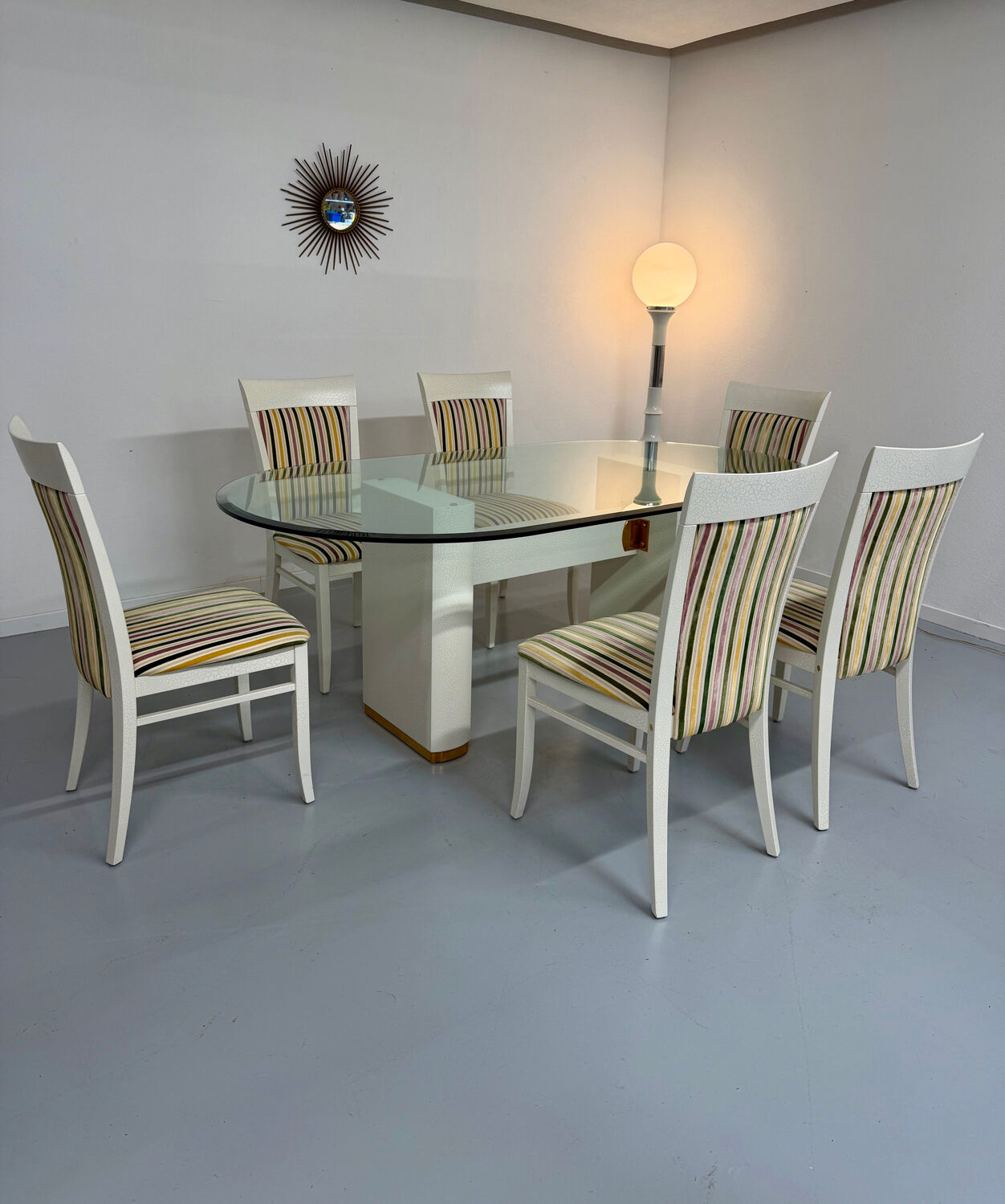 Table and 6 thonet designer chairs with crackled lacquer finish, 1980s vintage