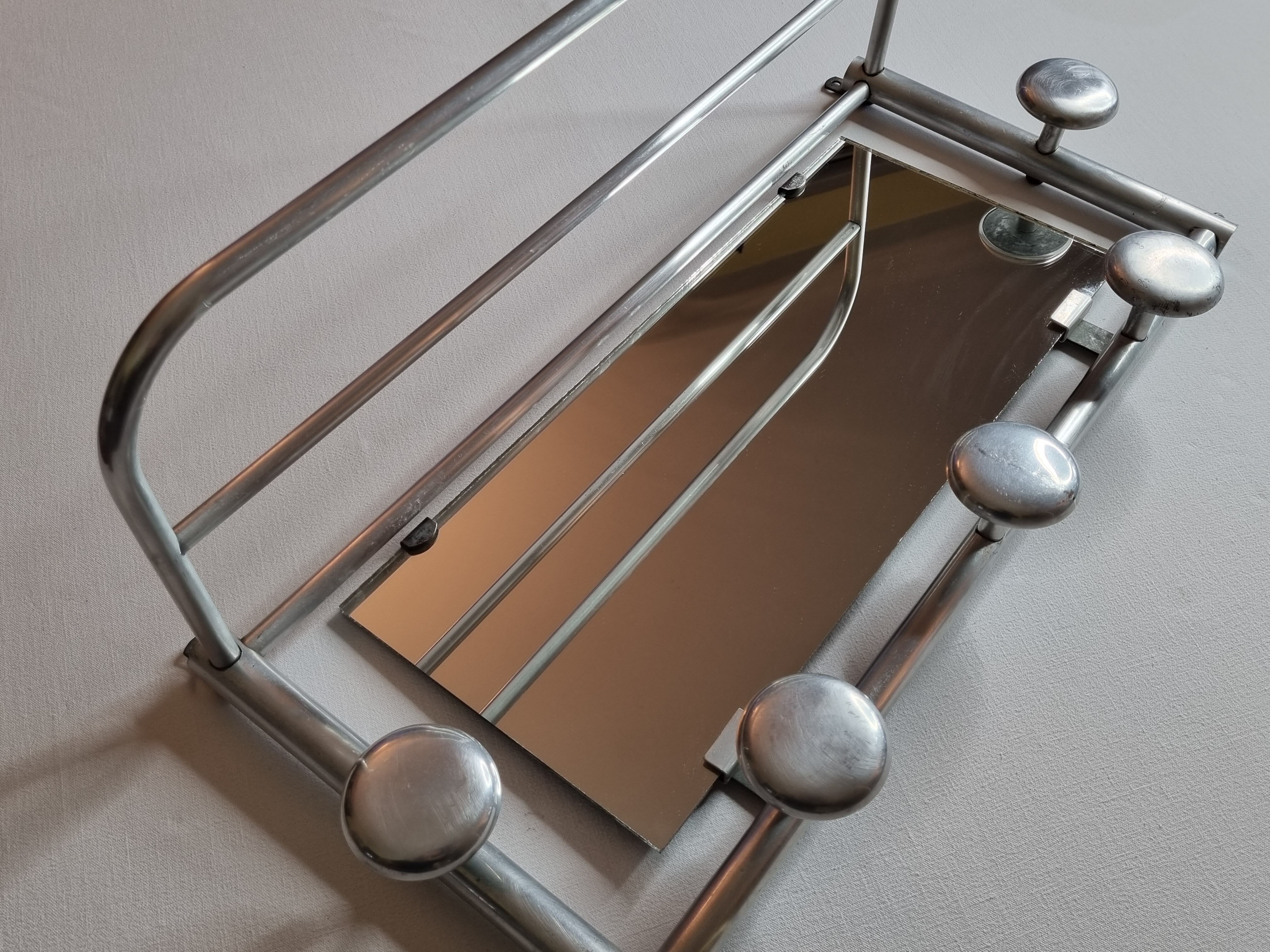 Aluminum wall coat rack with mirror, 5 hooks and a hat holder, 50s